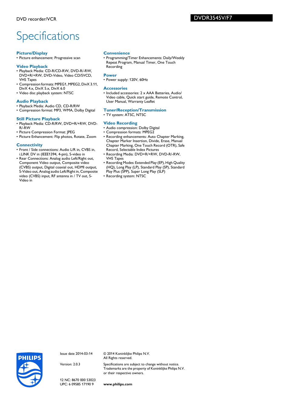 Specifications | Philips DVDR3545V-F7E User Manual | Page 3 / 3