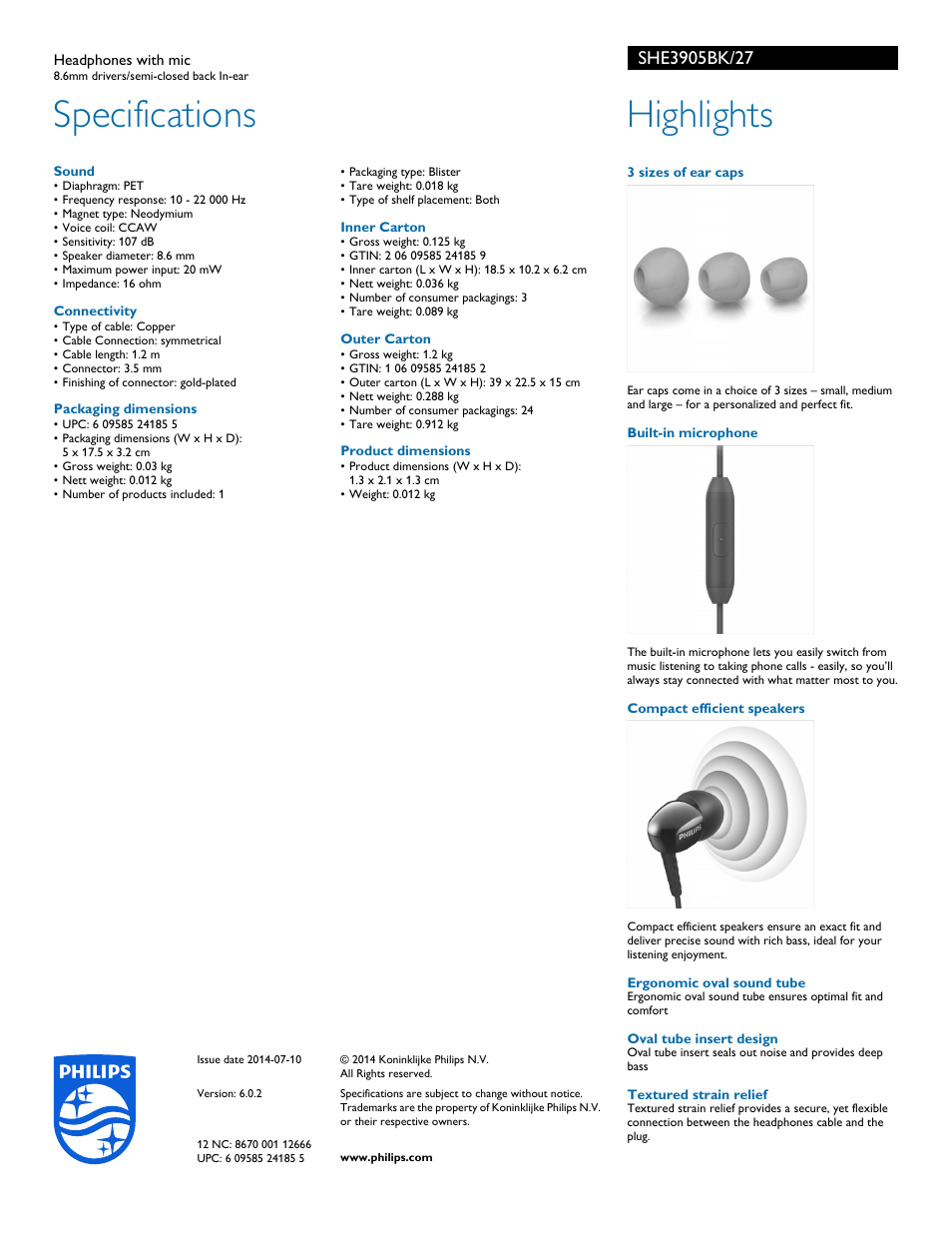 Specifications, Highlights | Philips SHE3905BK-27 User Manual | Page 2 / 2