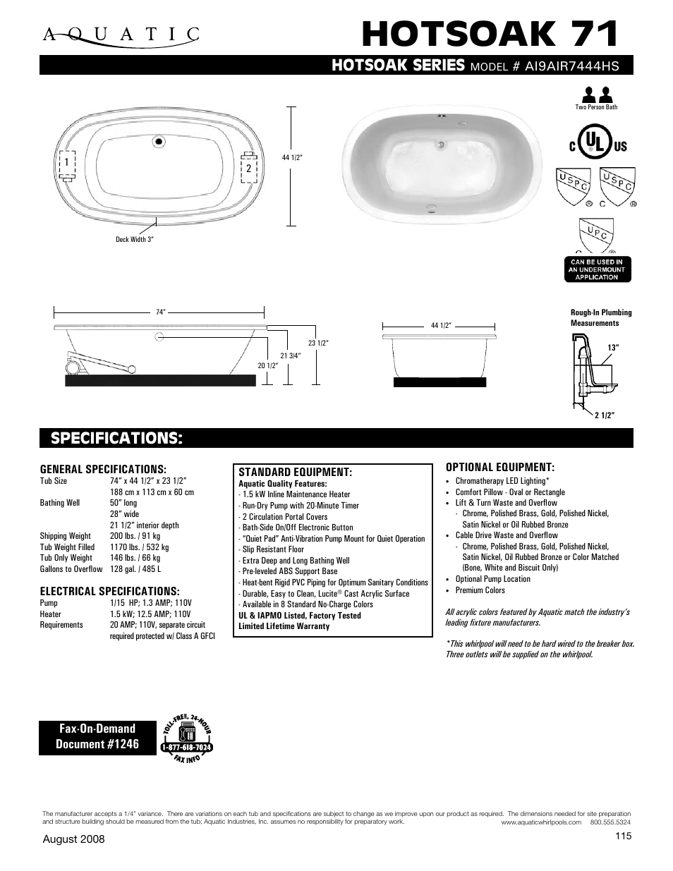 Aquatic Hotsoak 71 AI9AIR7444HS User Manual | 1 page