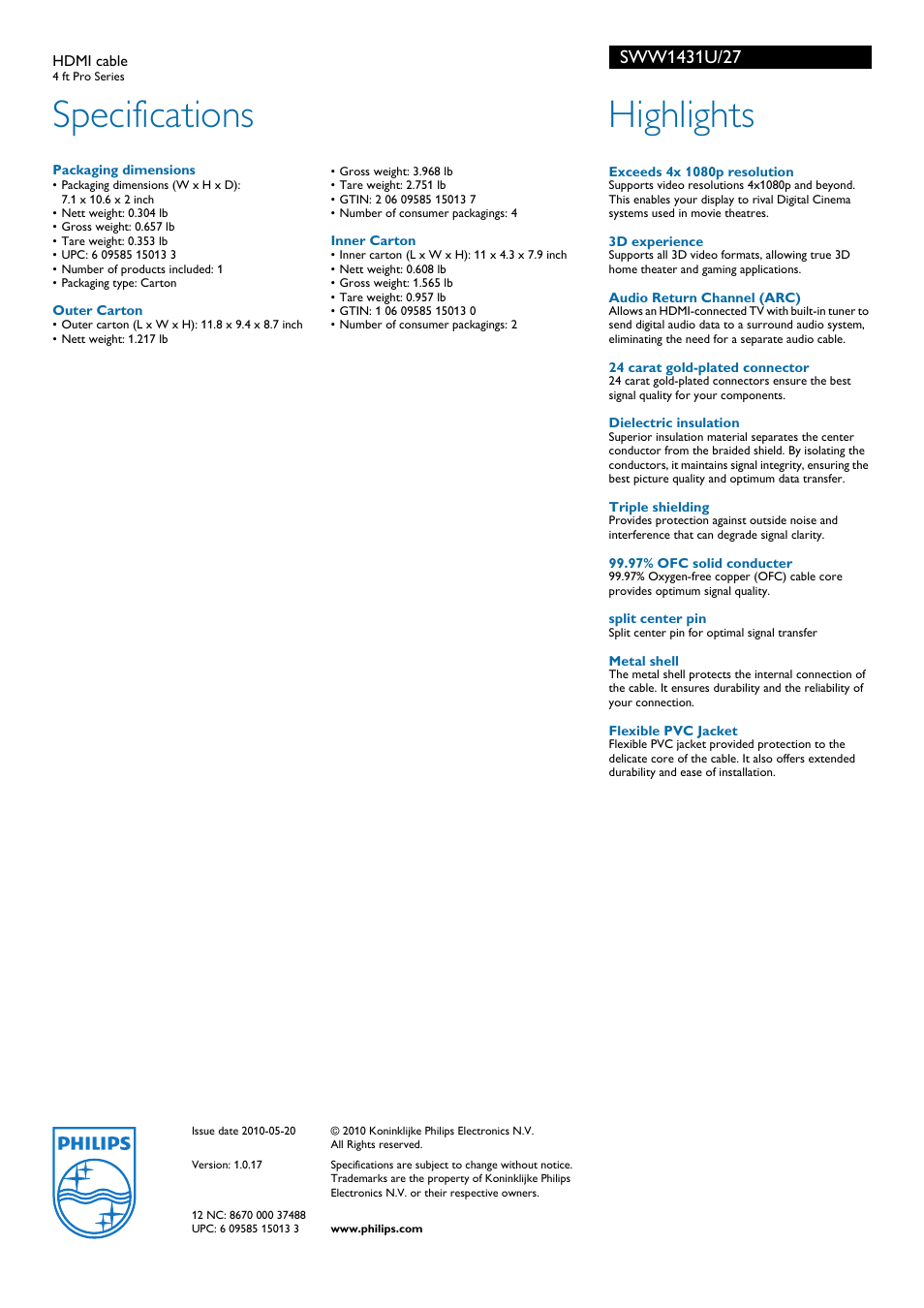 Specifications, Highlights | Philips SWW1431U-27 User Manual | Page 2 / 2