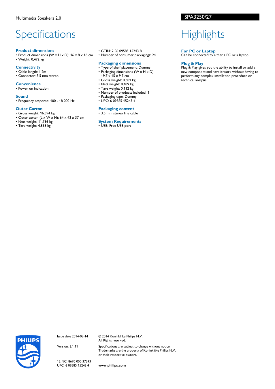 Specifications, Highlights | Philips SPA3250-27 User Manual | Page 2 / 2