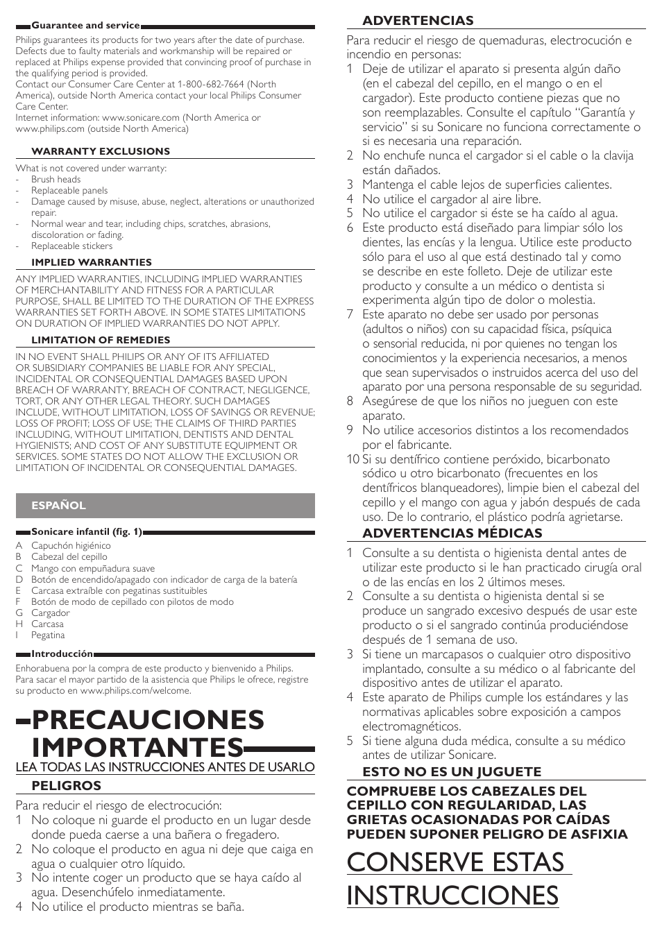 Conserve estas instrucciones, Precauciones importantes | Philips Sonicare For Kids Rechargeable sonic electric toothbrush HX6311-07 2 modes 1 brush head User Manual | Page 4 / 9