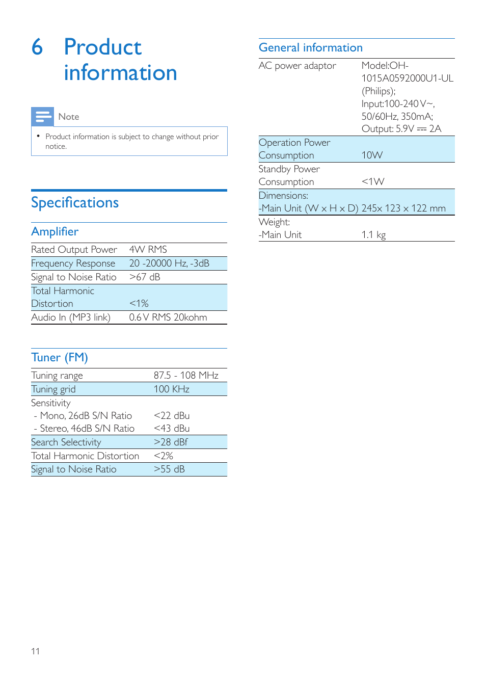 6 product information, Specifications | Philips ORD2100B-37 User Manual | Page 11 / 15