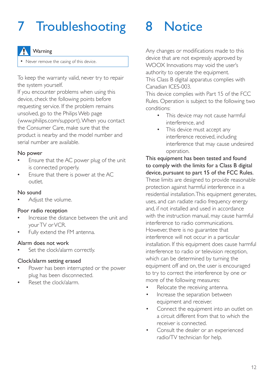 7 troubleshooting, 8 notice | Philips ORD2100B-37 User Manual | Page 12 / 15