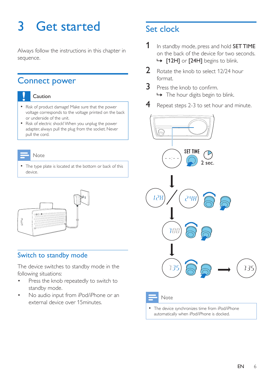 3 get started, Connect power, Set clock | Philips ORD2100B-37 User Manual | Page 6 / 15