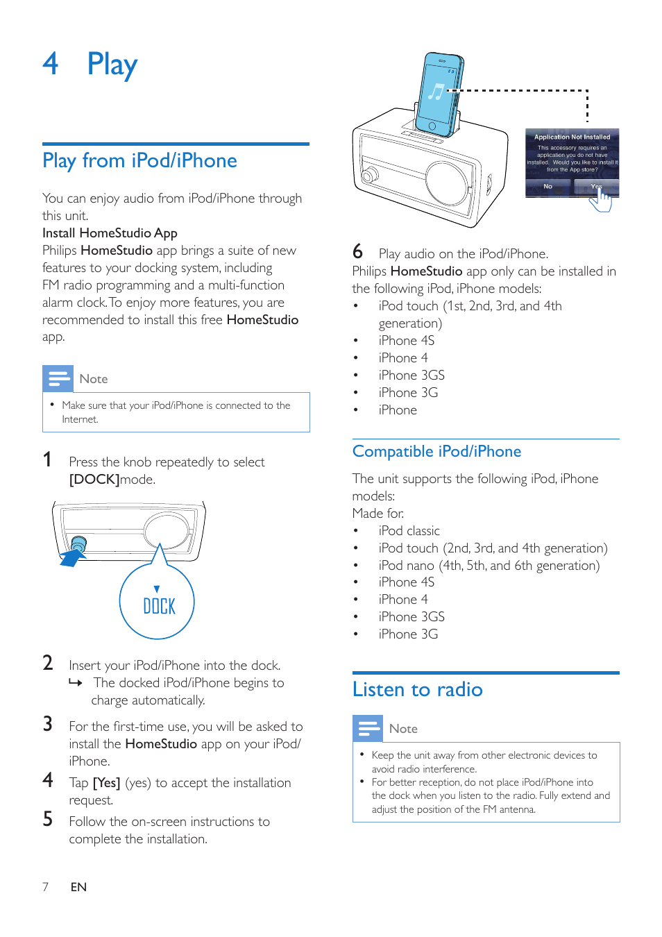 4 play, Play from ipod/iphone, Listen to radio | Philips ORD2100B-37 User Manual | Page 7 / 15