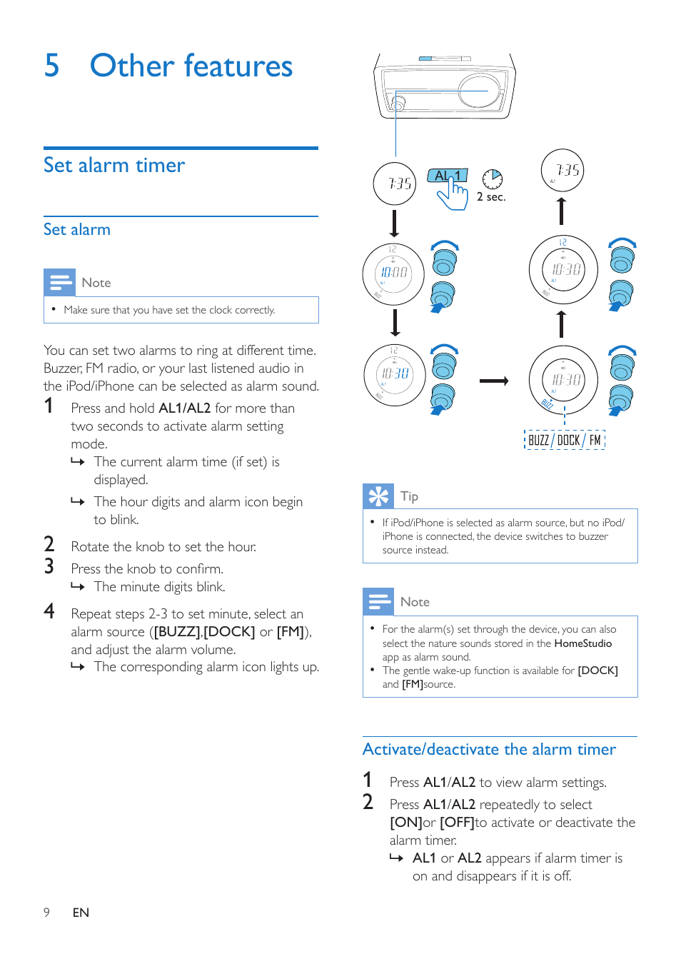 5 other features, Set alarm timer | Philips ORD2100B-37 User Manual | Page 9 / 15