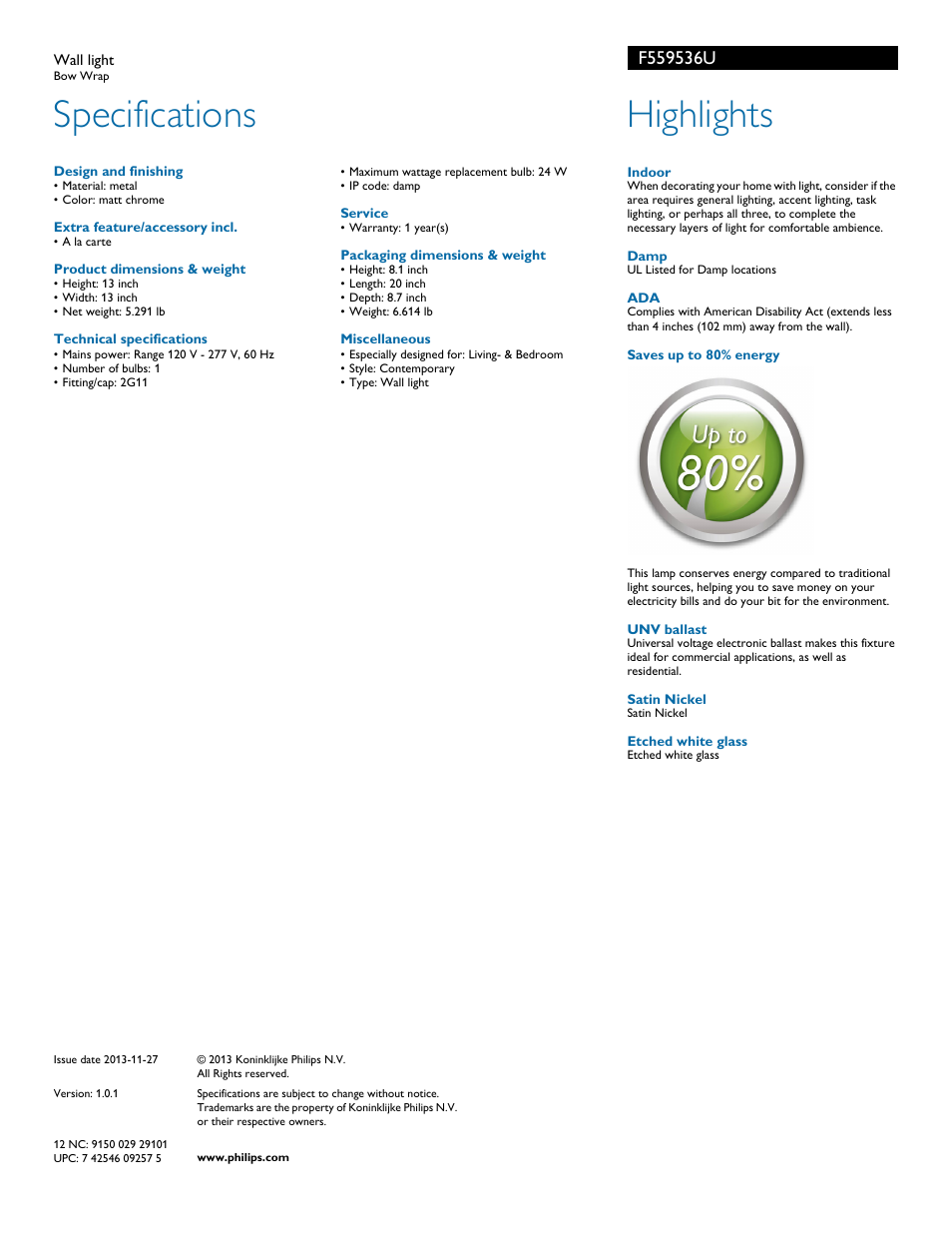 Specifications, Highlights | Philips F559536U User Manual | Page 2 / 2