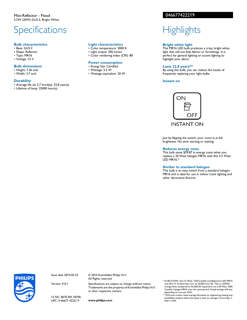 Specifications, Highlights | Philips 046677422219 User Manual | Page 2 / 2