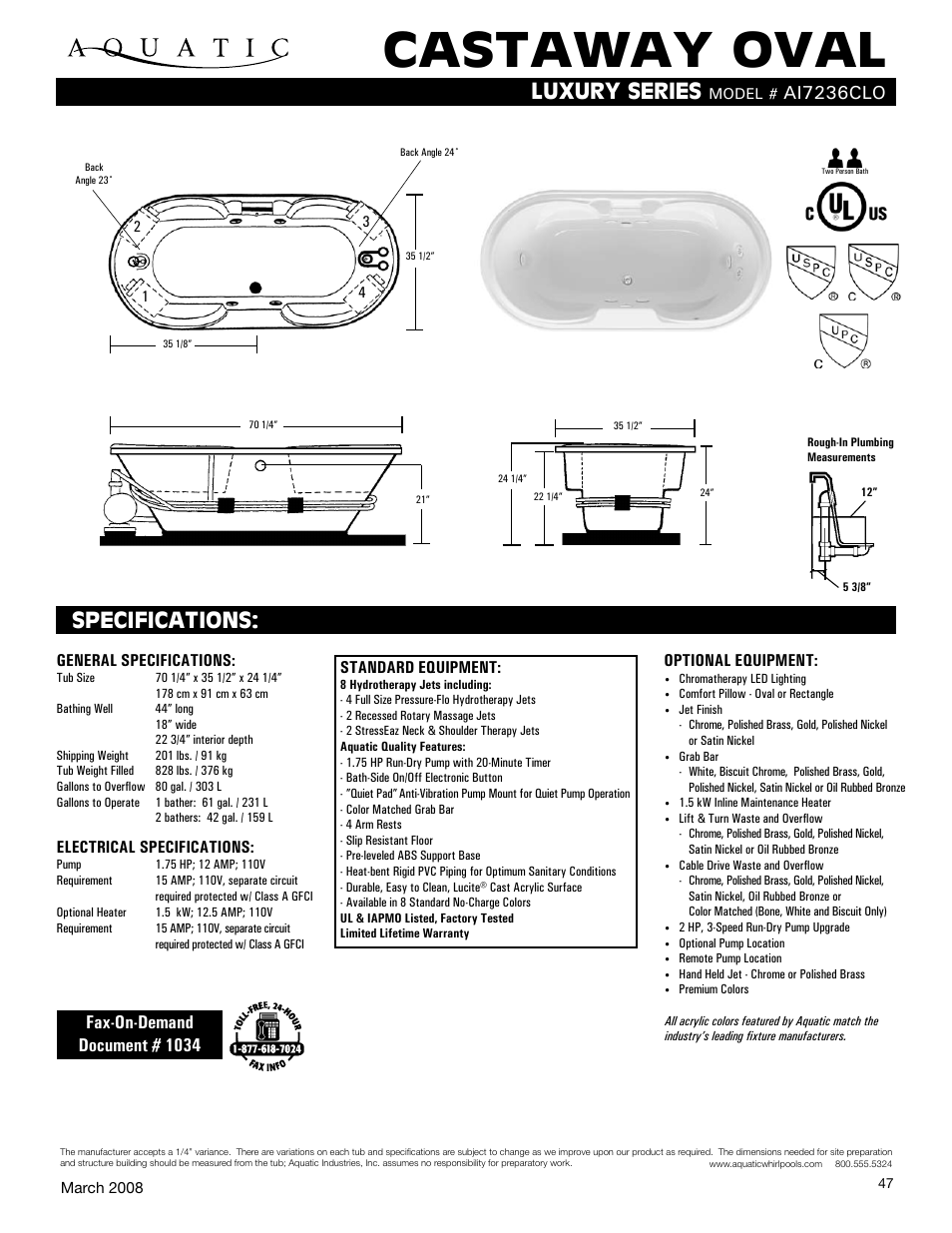 Aquatic CASTAWAY OVAL ai7236Clo User Manual | 1 page