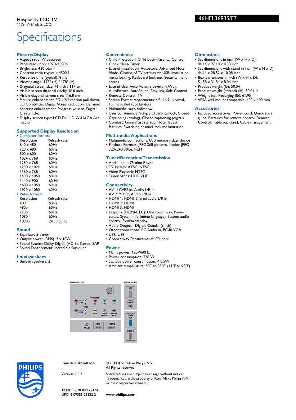 Specifications | Philips 46HFL3683S-F7 User Manual | Page 3 / 3