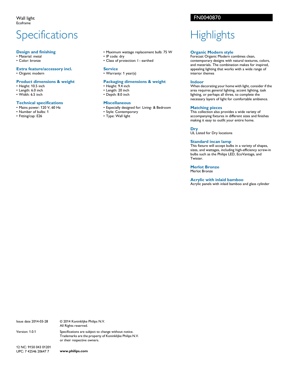 Specifications, Highlights | Philips FN0040870 User Manual | Page 2 / 2