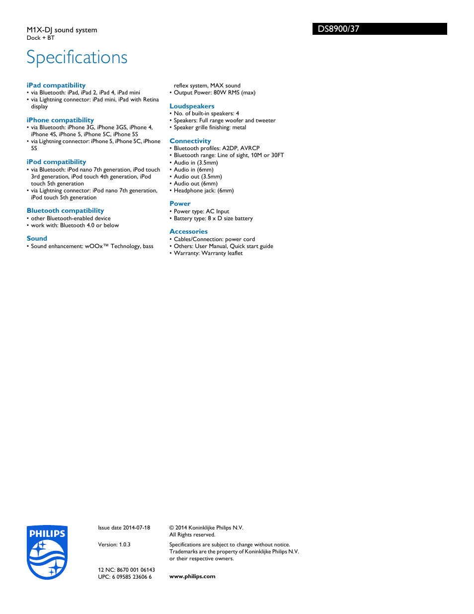 Specifications | Philips M1X-DJ sound system DS8900 Dock + BT User Manual | Page 3 / 3