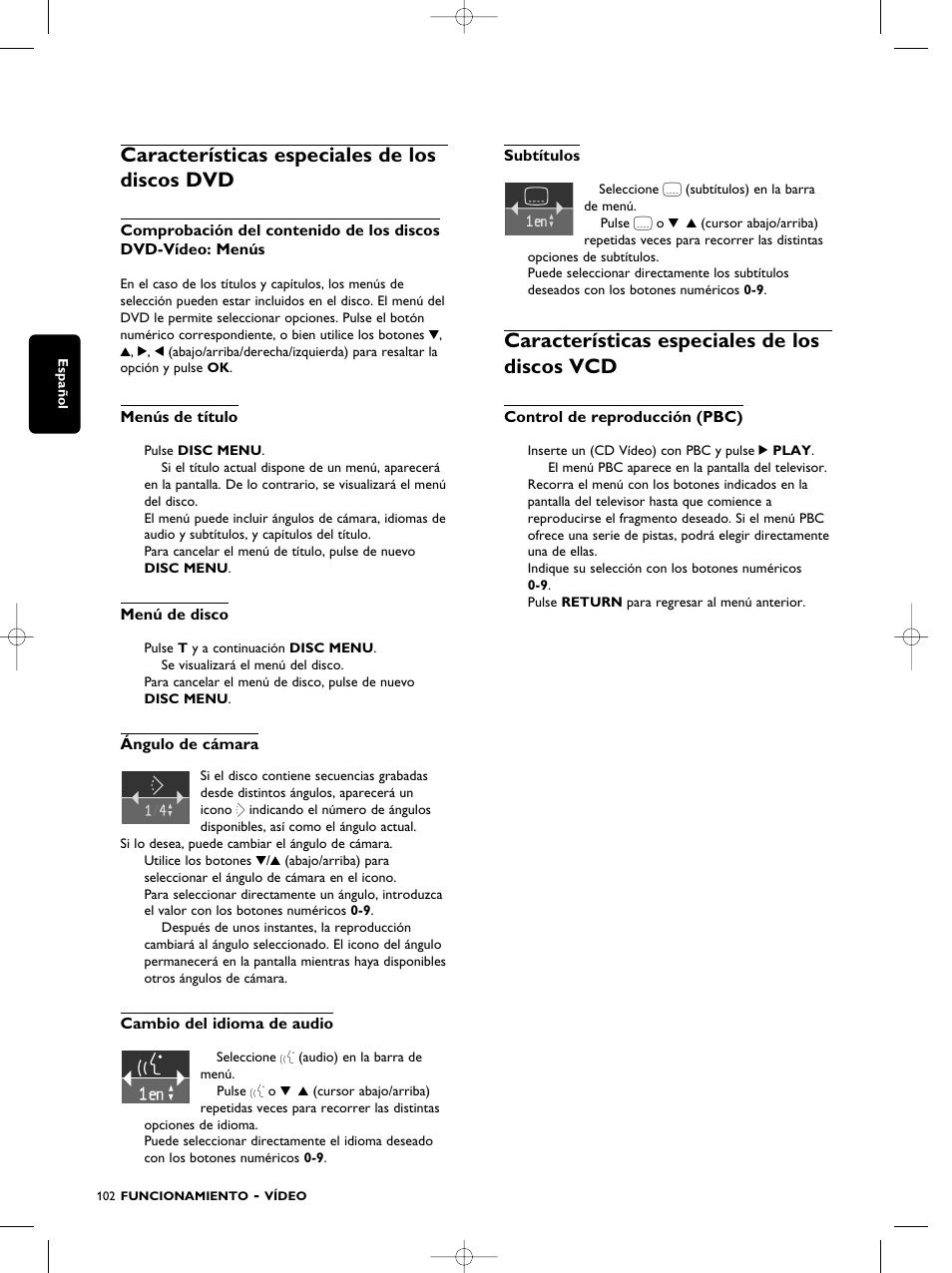 Características especiales de los discos dvd, Características especiales de los discos vcd | Philips SACD1000 User Manual | Page 102 / 107