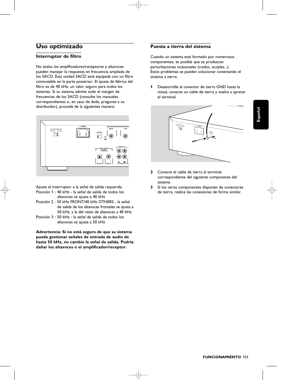 Uso optimizado, Interruptor de filtro, Puesta a tierra del sistema | Español, Funcionamiento 103 | Philips SACD1000 User Manual | Page 103 / 107