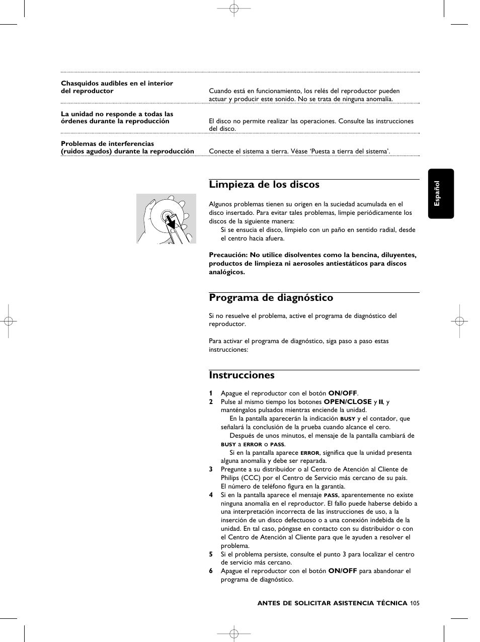 Limpieza de los discos, Programa de diagnóstico, Instrucciones | Philips SACD1000 User Manual | Page 105 / 107