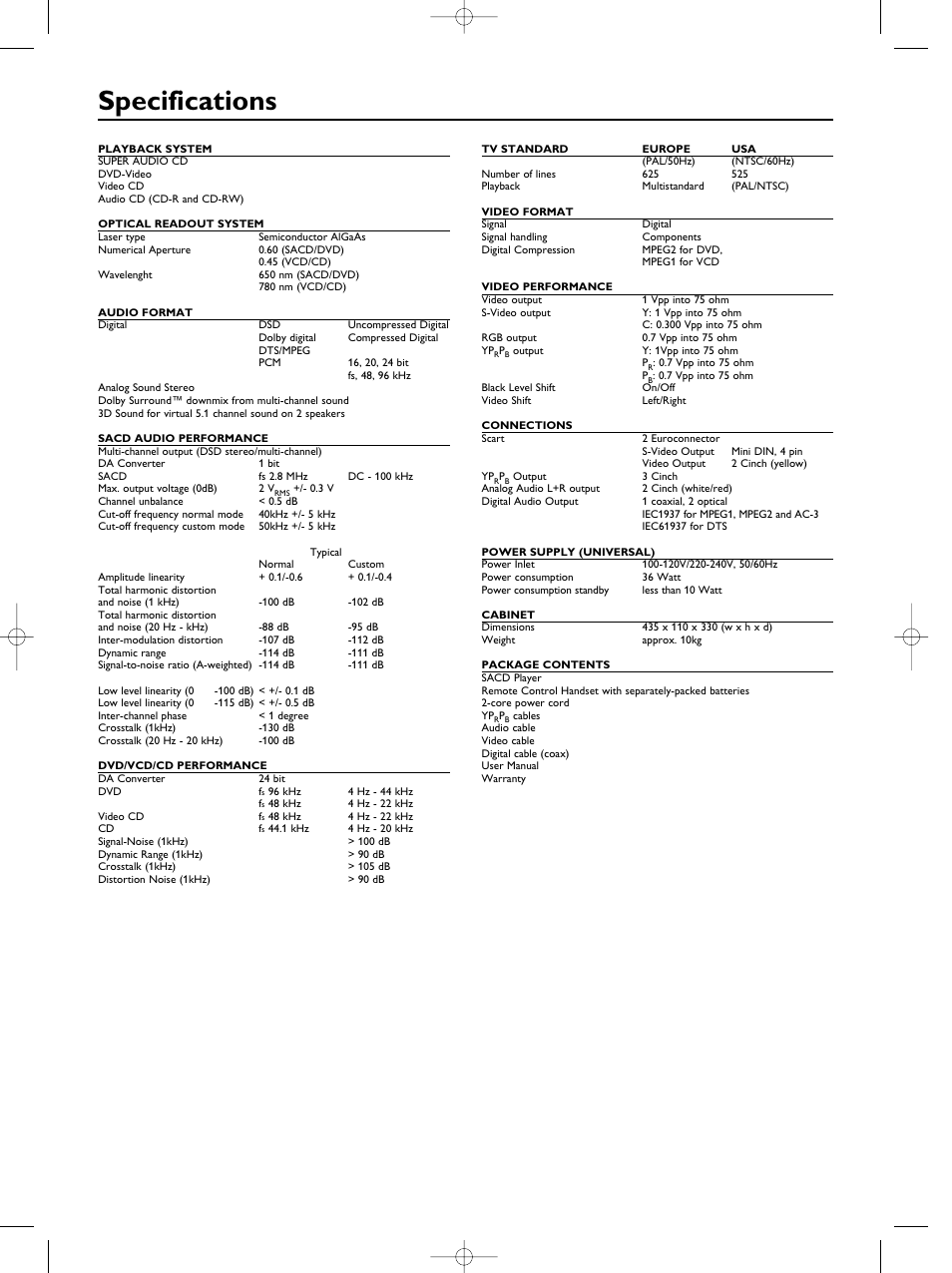 Specifications | Philips SACD1000 User Manual | Page 106 / 107