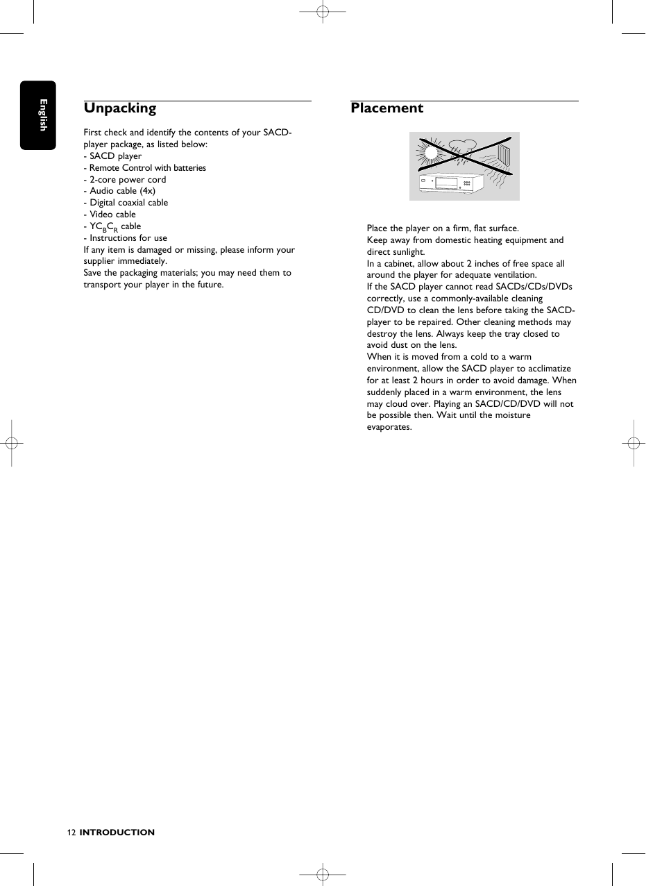 Unpacking, Placement | Philips SACD1000 User Manual | Page 12 / 107