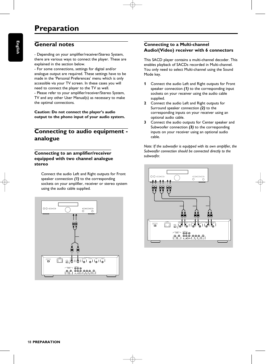 Preparation, Connecting to audio equipment - analogue, English | Dolby digital/ dts/mpeg only, Cb cr, 18 preparation | Philips SACD1000 User Manual | Page 18 / 107