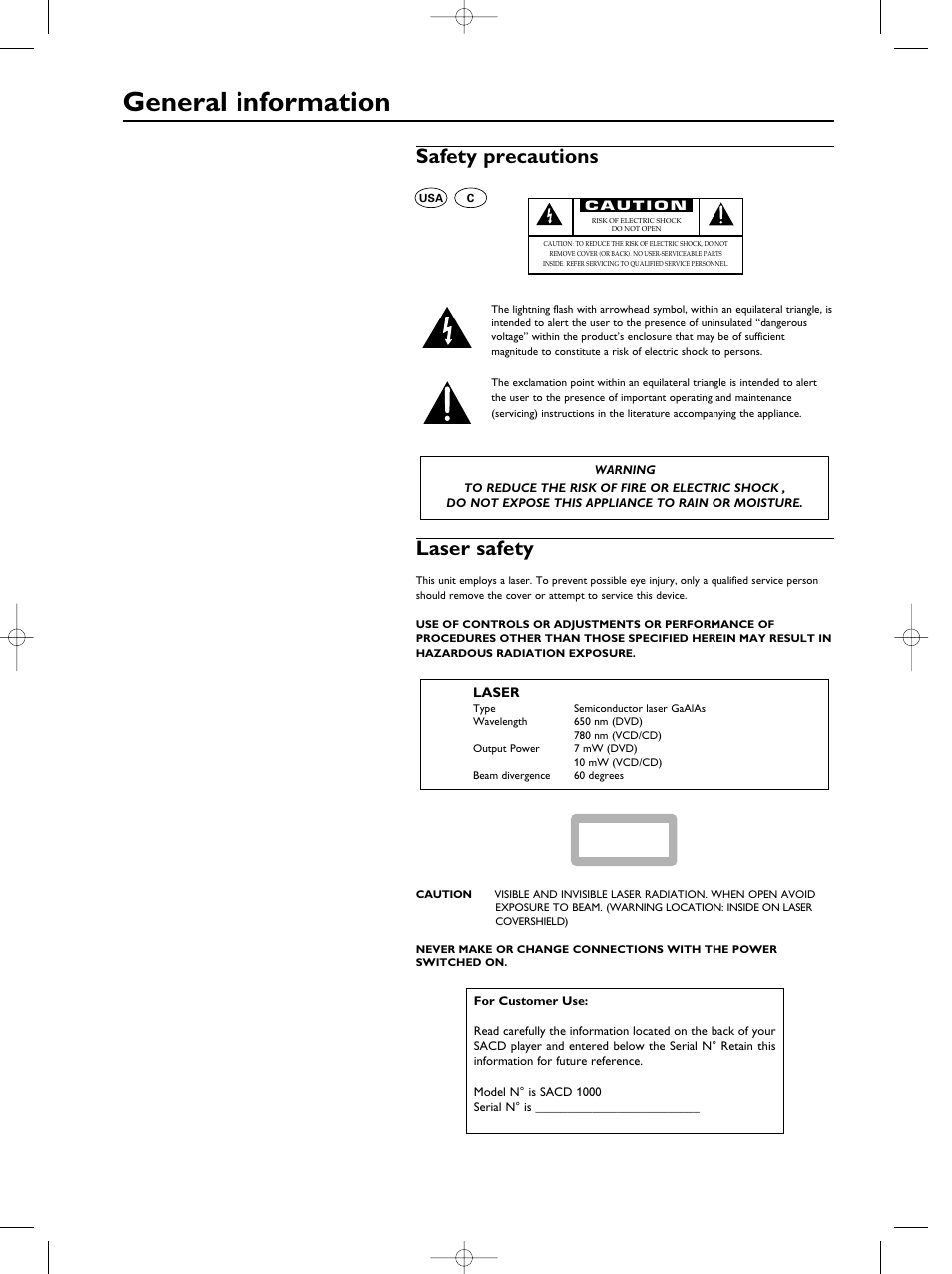 General information, Safety precautions, Laser safety | Philips SACD1000 User Manual | Page 2 / 107