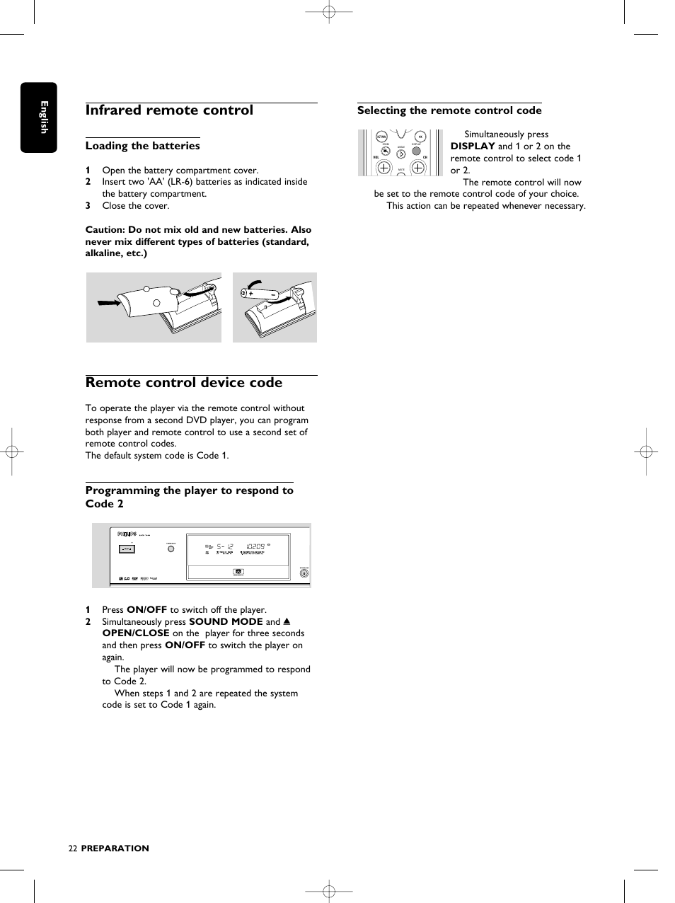 Infrared remote control, Remote control device code, Loading the batteries | Programming the player to respond to code 2, Selecting the remote control code | Philips SACD1000 User Manual | Page 22 / 107