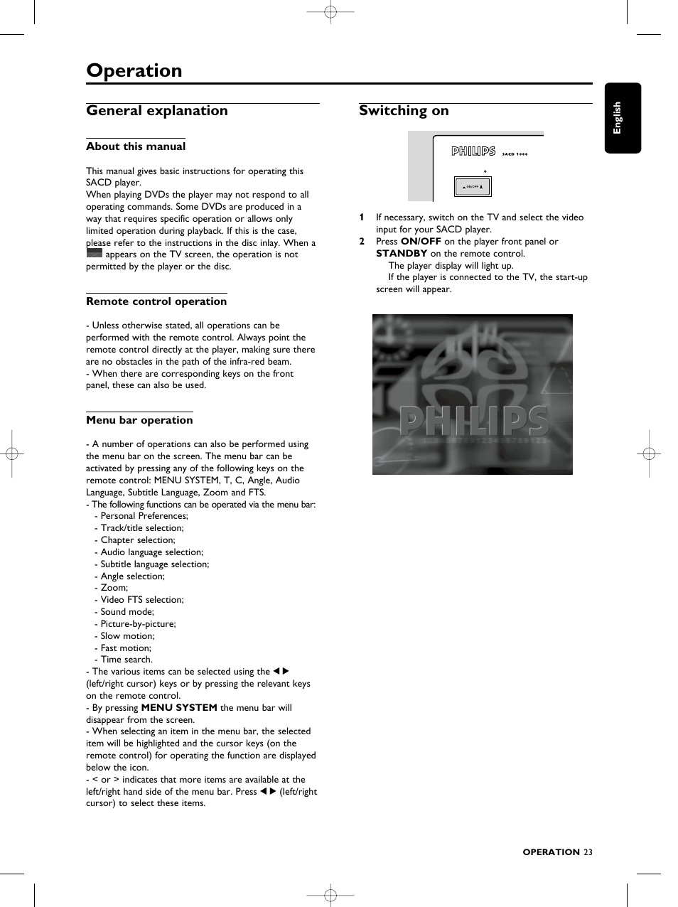 Operation, General explanation, Switching on | Philips SACD1000 User Manual | Page 23 / 107
