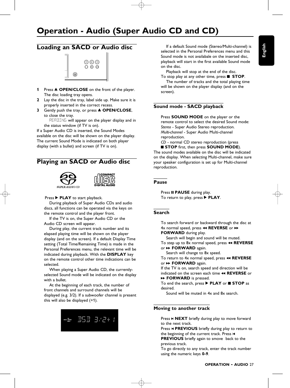 Operation -audio, Operation - audio (super audio cd and cd), Loading an sacd or audio disc | Playing an sacd or audio disc | Philips SACD1000 User Manual | Page 27 / 107