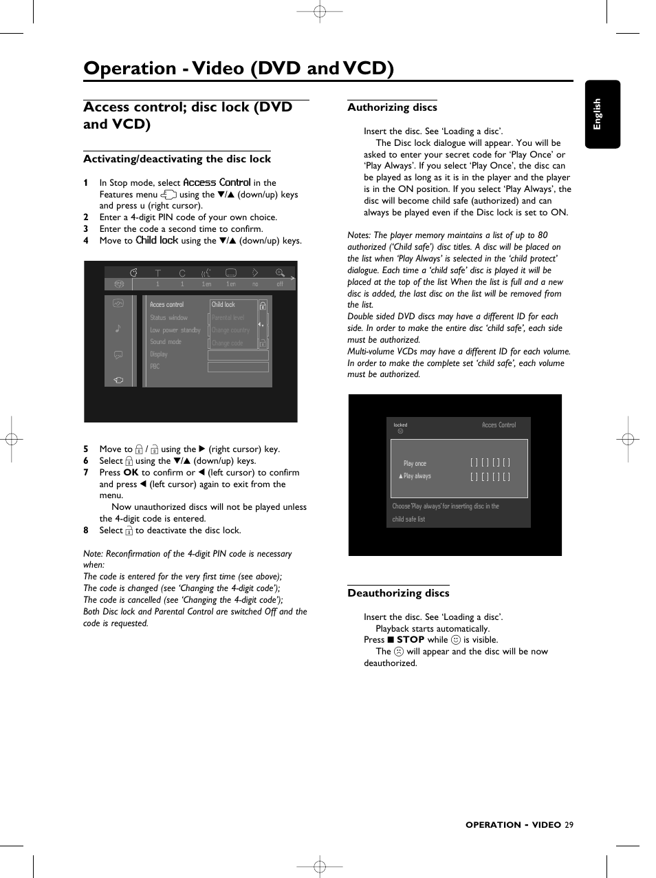 Operation -video, Operation - video (dvd and vcd), Access control; disc lock (dvd and vcd) | Philips SACD1000 User Manual | Page 29 / 107