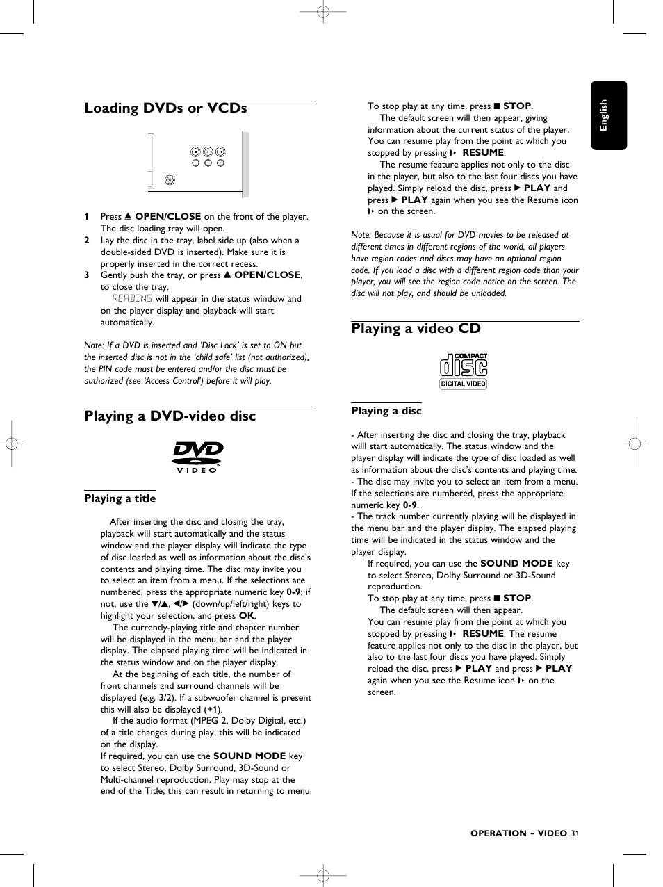 Loading dvds or vcds, Playing a dvd-video disc, Playing a video cd | Playing a title, Playing a disc | Philips SACD1000 User Manual | Page 31 / 107