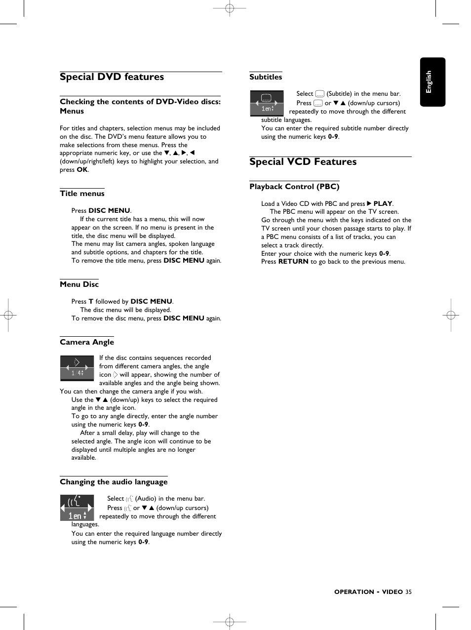 Special dvd features, Special vcd features | Philips SACD1000 User Manual | Page 35 / 107