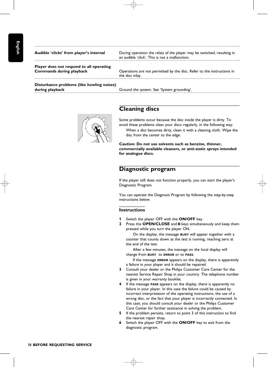 Cleaning discs, Diagnostic program | Philips SACD1000 User Manual | Page 38 / 107