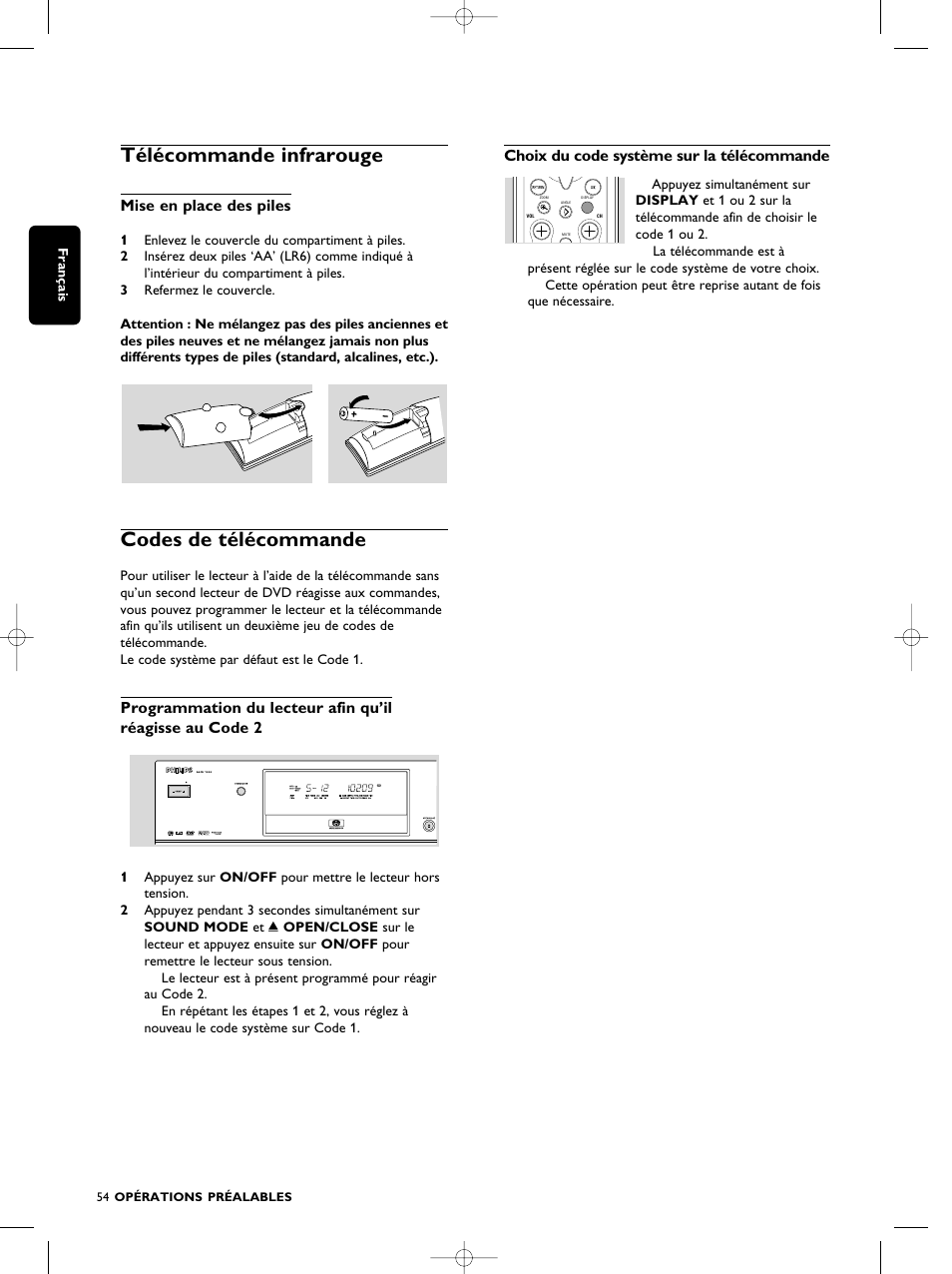 Télécommande infrarouge, Codes de télécommande, Mise en place des piles | Choix du code système sur la télécommande | Philips SACD1000 User Manual | Page 54 / 107