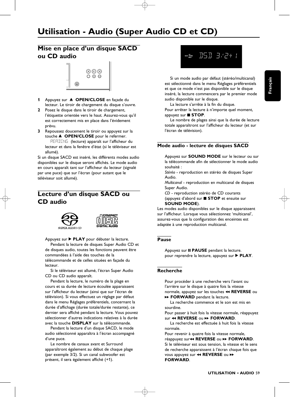 Utilisation -audio, Utilisation - audio (super audio cd et cd), Mise en place d’un disque sacd ou cd audio | Lecture d’un disque sacd ou cd audio, Mode audio - lecture de disques sacd, Pause, Recherche | Philips SACD1000 User Manual | Page 59 / 107