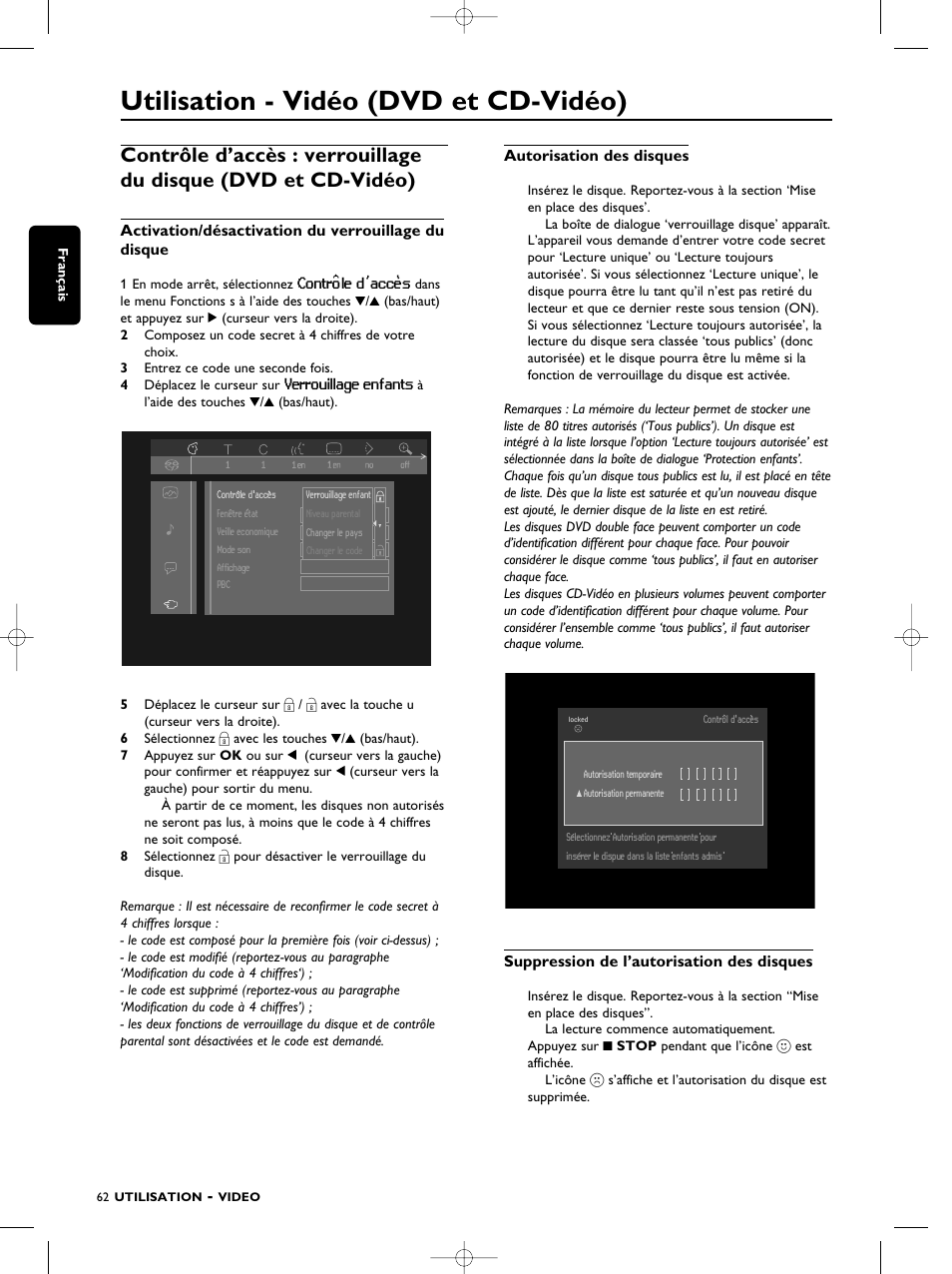 Utilisation -vidéo, Utilisation - vidéo (dvd et cd-vidéo) | Philips SACD1000 User Manual | Page 62 / 107