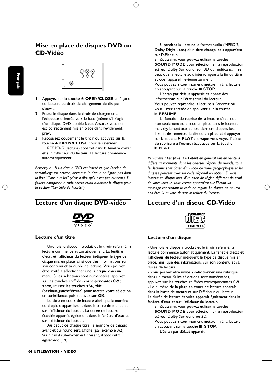 Mise en place de disques dvd ou cd-vidéo, Lecture d’un disque dvd-vidéo, Lecture d’un disque cd-vidéo | Lecture d’un titre, Lecture d’un disque | Philips SACD1000 User Manual | Page 64 / 107