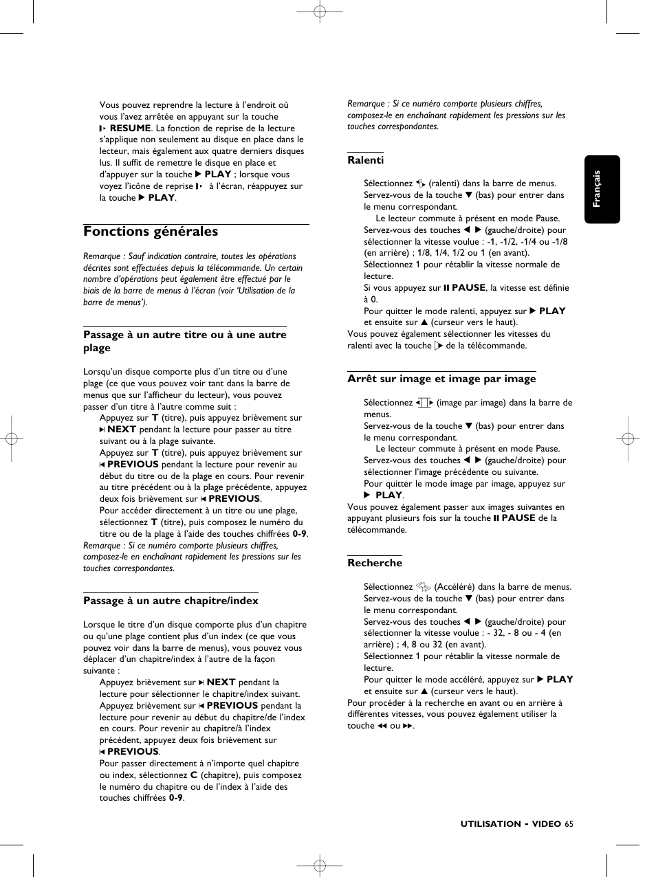 Fonctions générales | Philips SACD1000 User Manual | Page 65 / 107