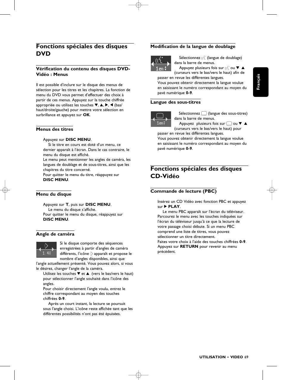 Fonctions spéciales des disques dvd, Fonctions spéciales des disques cd-vidéo | Philips SACD1000 User Manual | Page 69 / 107