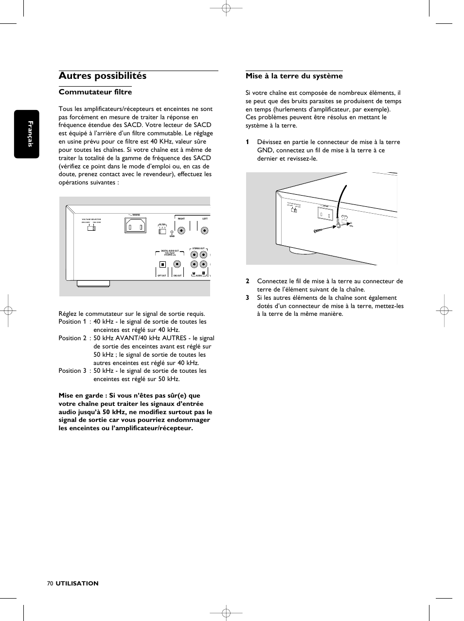 Autres possibilités, Commutateur filtre, Mise à la terre du système | Français, 70 utilisation | Philips SACD1000 User Manual | Page 70 / 107