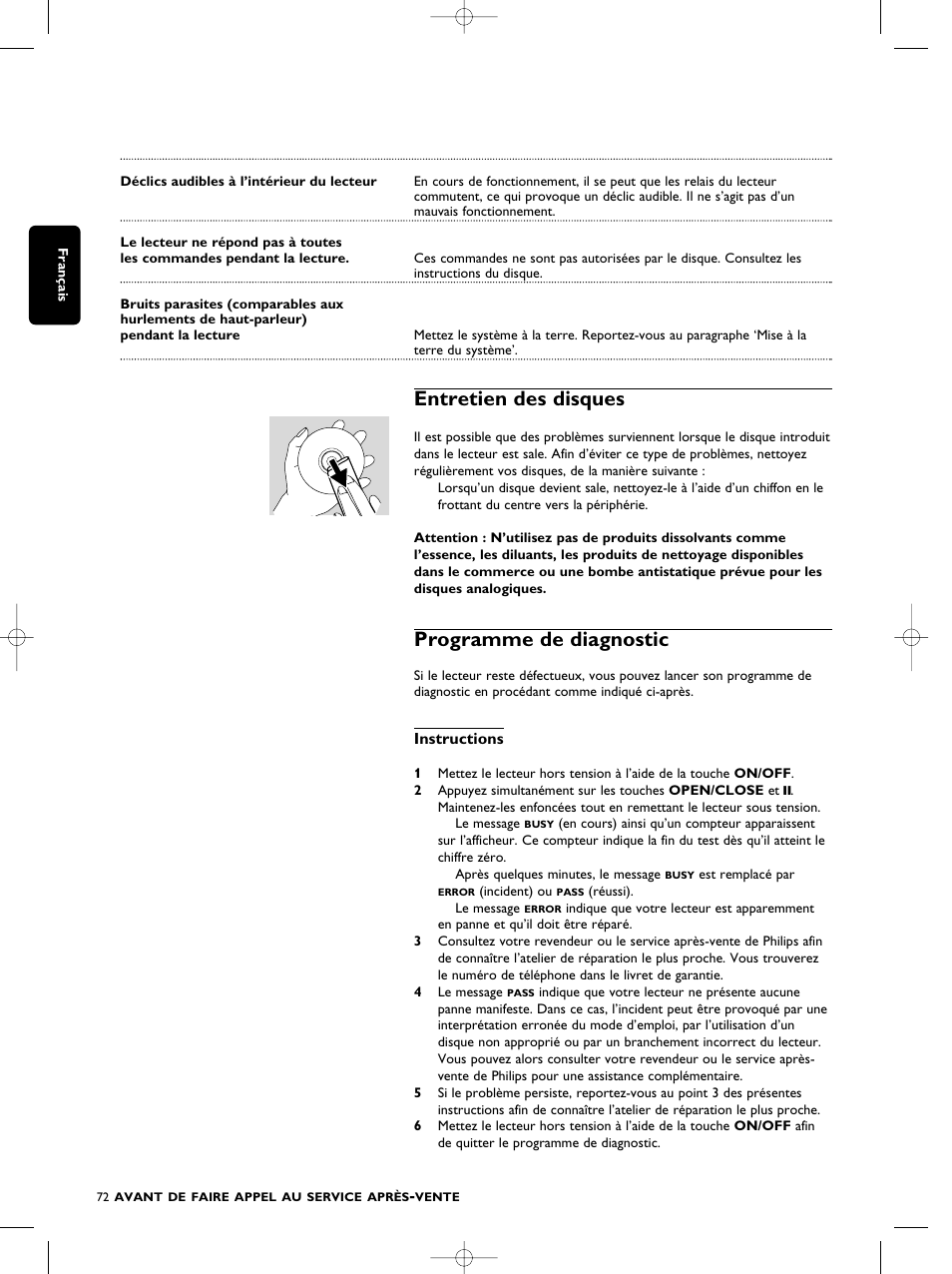 Entretien des disques, Programme de diagnostic | Philips SACD1000 User Manual | Page 72 / 107