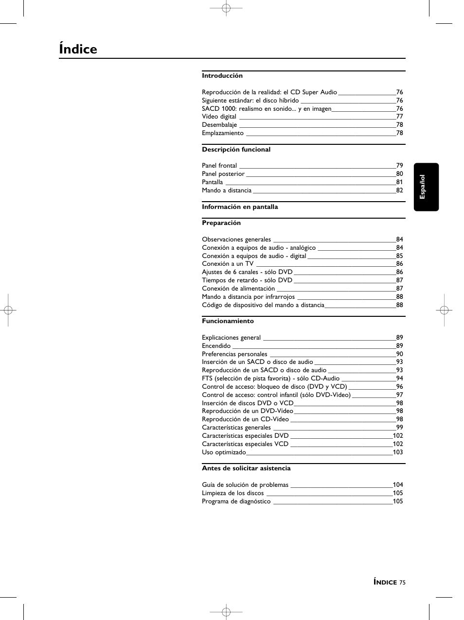 Índice | Philips SACD1000 User Manual | Page 75 / 107