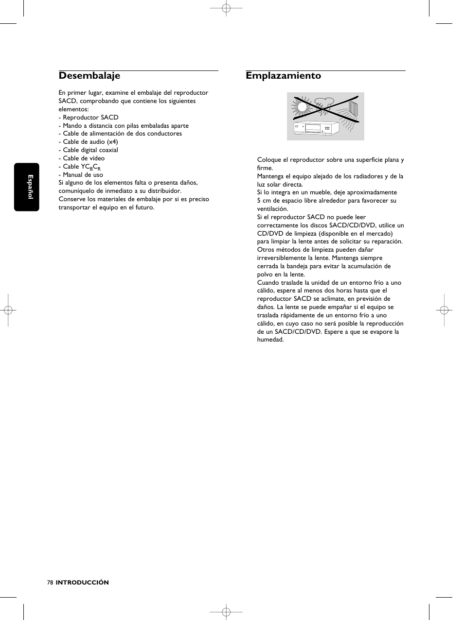 Desembalaje, Emplazamiento | Philips SACD1000 User Manual | Page 78 / 107