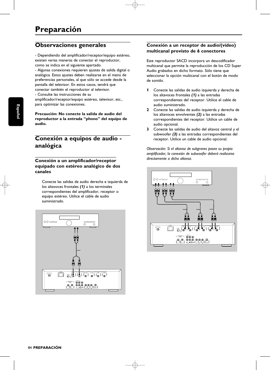 Preparación, Observaciones generales, Conexión a equipos de audio - analógica | Español, Dolby digital/ dts/mpeg only, Cb cr, 84 preparación | Philips SACD1000 User Manual | Page 84 / 107