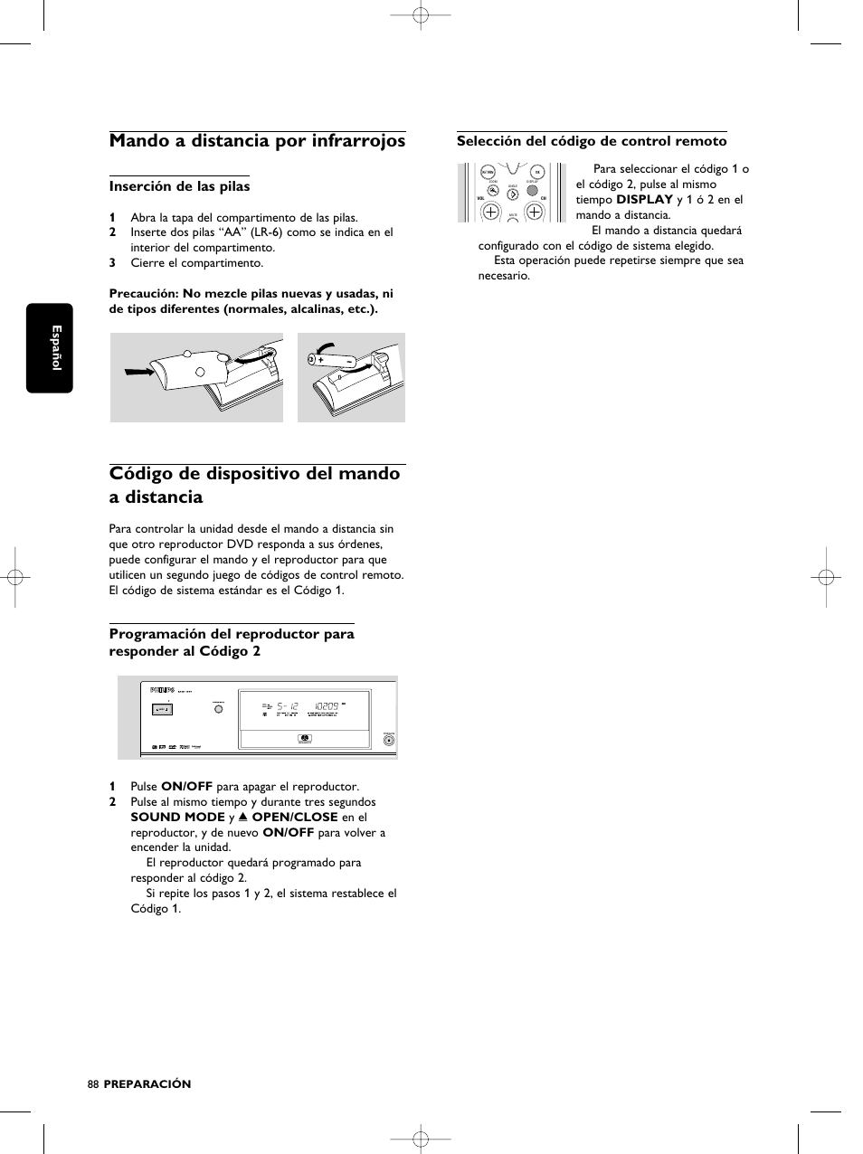 Mando a distancia por infrarrojos, Código de dispositivo del mando a distancia, Inserción de las pilas | Selección del código de control remoto | Philips SACD1000 User Manual | Page 88 / 107