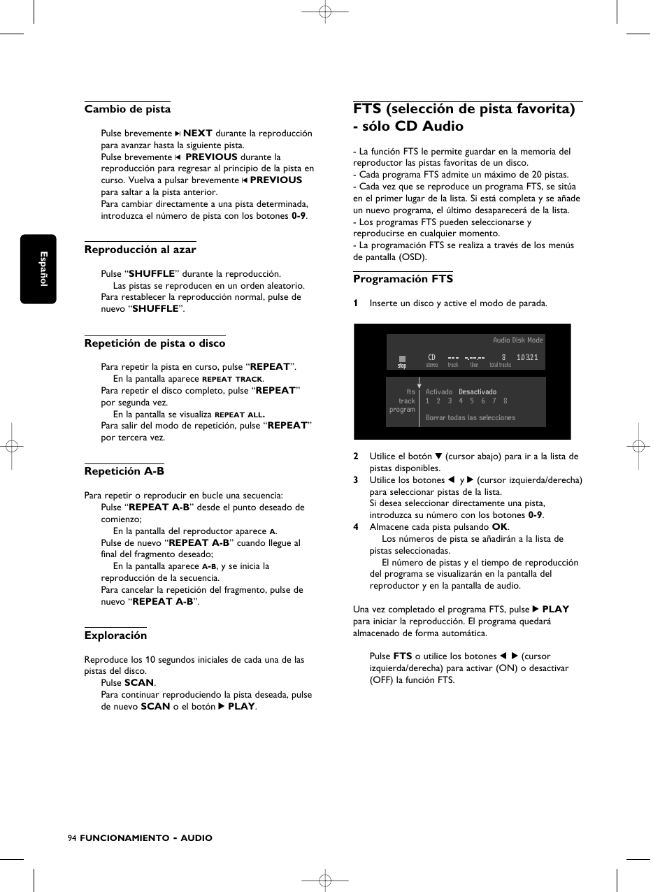 Fts (selección de pista favorita) - sólo cd audio | Philips SACD1000 User Manual | Page 94 / 107