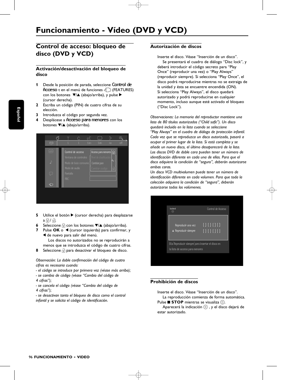 Funcionamiento -vídeo, Funcionamiento - vídeo (dvd y vcd), Control de acceso: bloqueo de disco (dvd y vcd) | Philips SACD1000 User Manual | Page 96 / 107