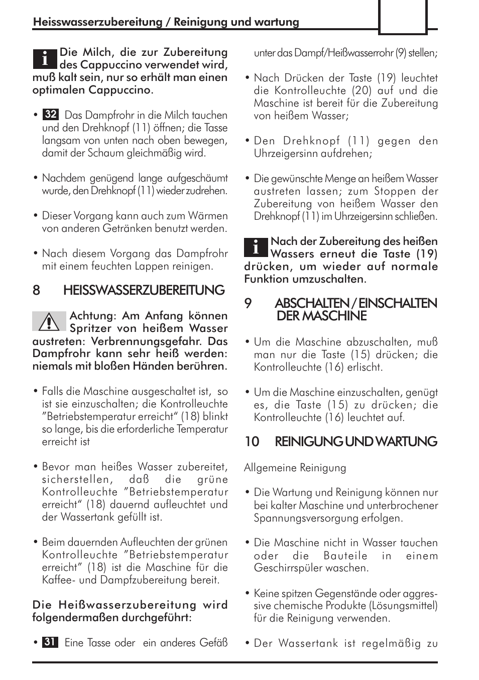 8heisswasserzubereitung, 9abschalten / einschalten der maschine, 10 reinigung und wartung | Philips 741424043 User Manual | Page 69 / 132