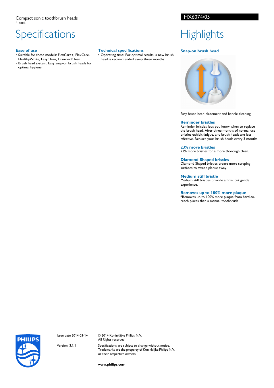 Specifications, Highlights | Philips HX6074-05 User Manual | Page 2 / 2