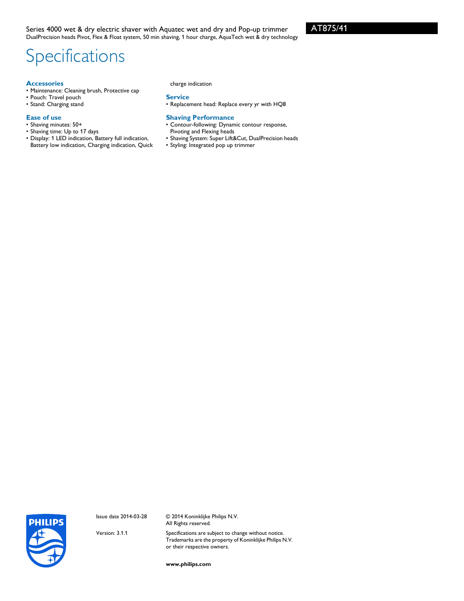 Specifications | Philips AT875-41 User Manual | Page 3 / 3