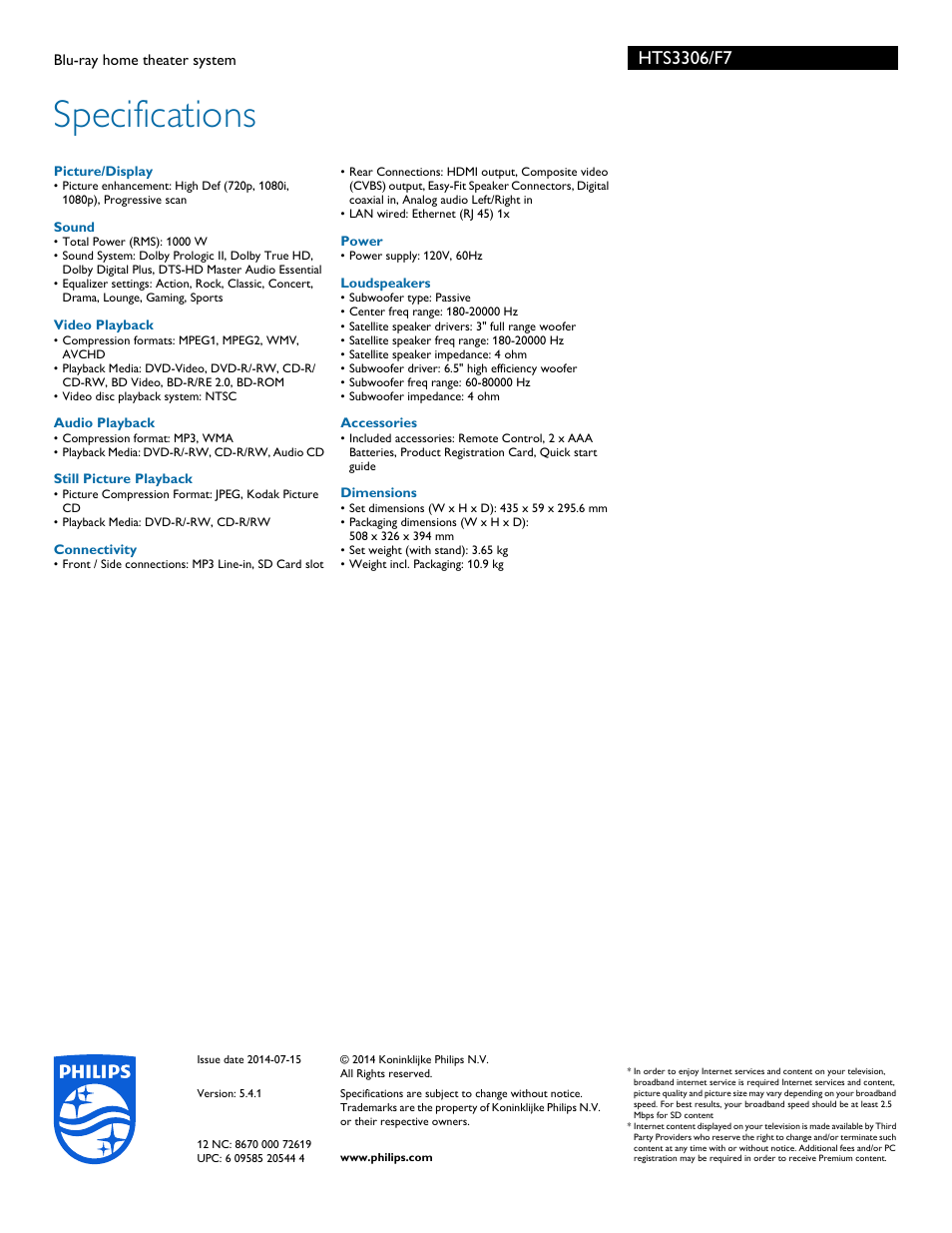 Specifications | Philips HTS3306-F7 User Manual | Page 3 / 3