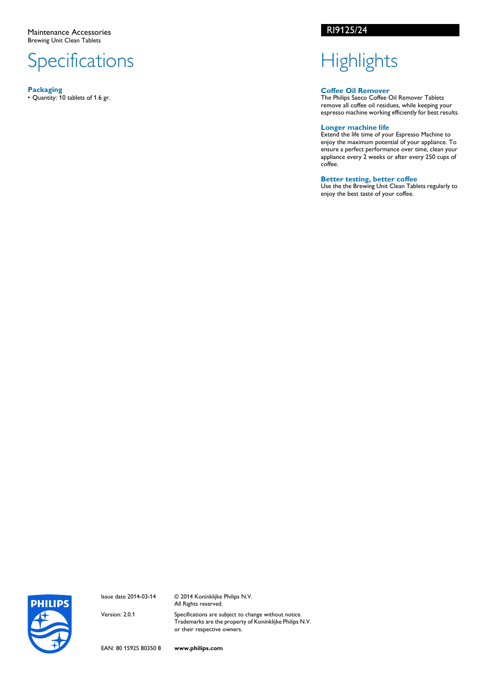 Specifications, Highlights | Philips RI9125-24 User Manual | Page 2 / 2